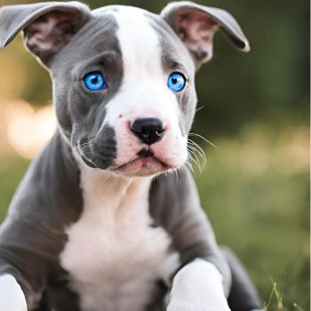 Pitbull puppy with bright blue eyes gazing at the camera