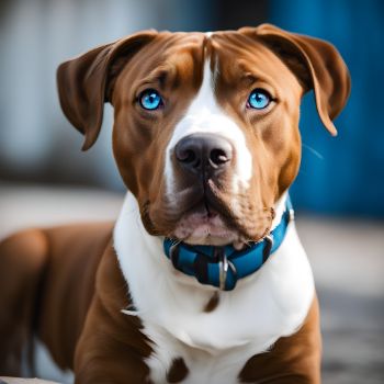 Brown and white Pitbull with blue eyes