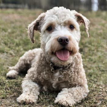 Full grown terrier poodle mix with a confident stance