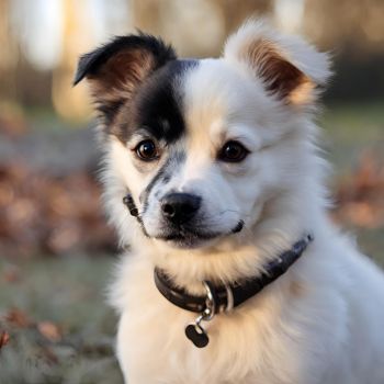A Pomeranian Pitbull Crossbreed with a wagging tail.