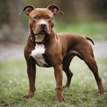 A chocolate-brown-Pitbull-dog with a wagging tail