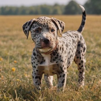 An energetic leopard-merle-Pitbull playing in a grassy field.
