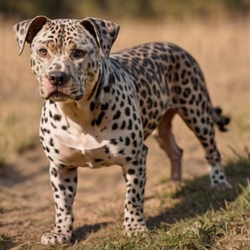 A proud leopard-merle-Pitbull standing tall and strong